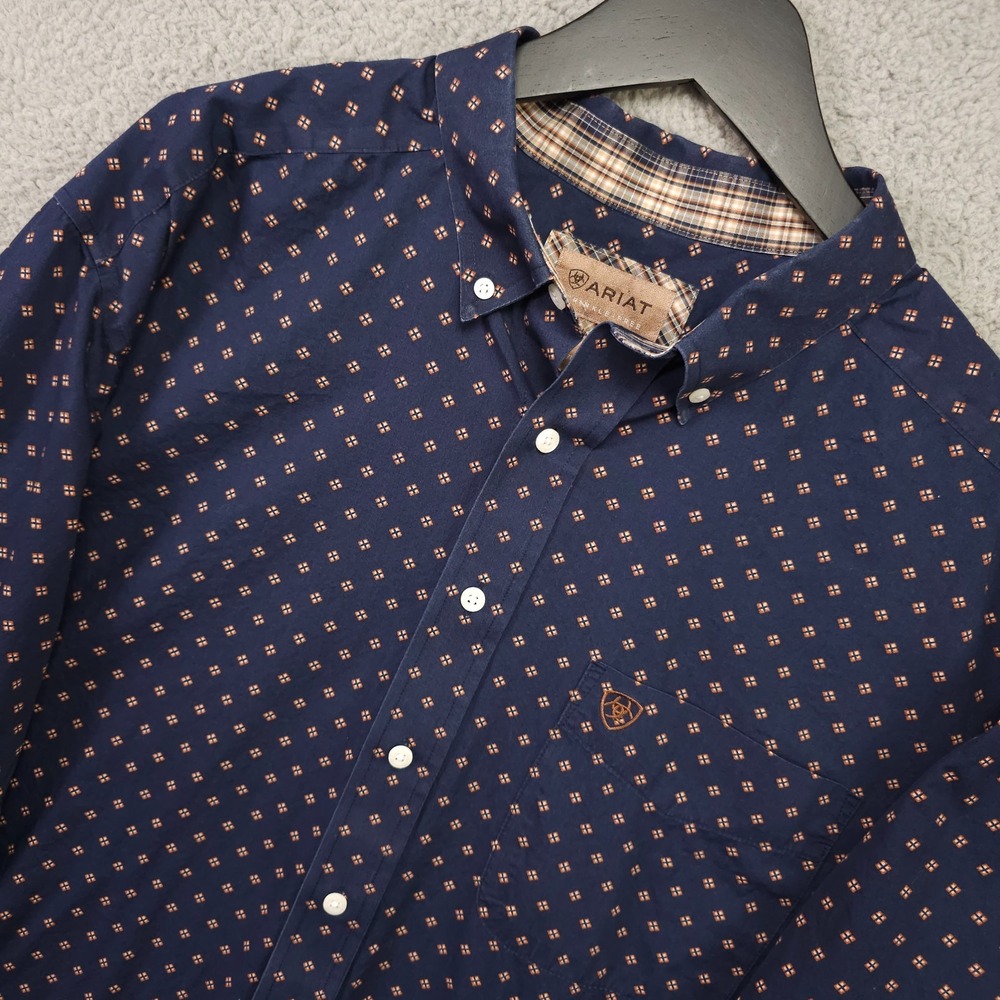 Ariat Kaiser Shirt Mens XXL Blue Tan Geo Print Long Sleeve Wrinkle Free Rodeo - Picture 11 of 16